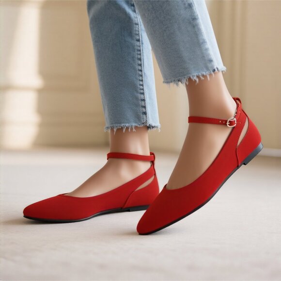 LURNYET Women's RED NUBUCK Casual Ankle Strap Pointed Toe Ballet Flats Shoes - Picture 1 of 6